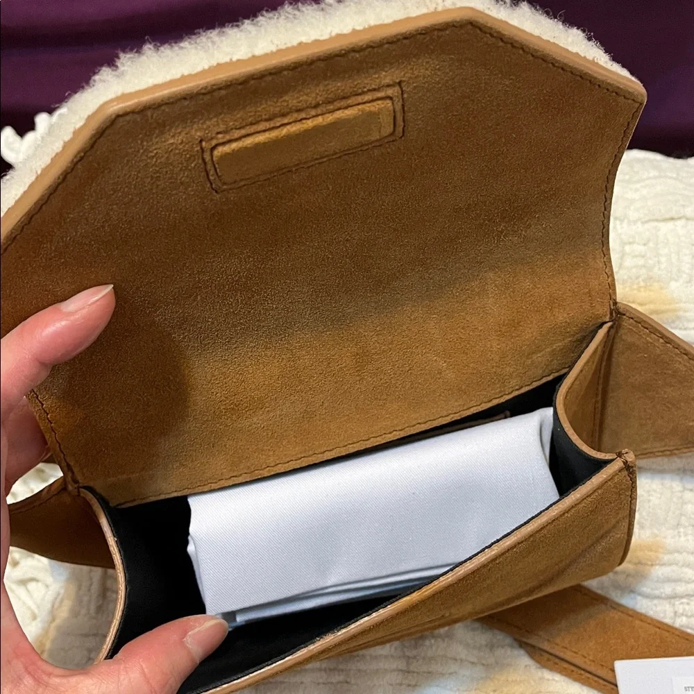 NWT IRO PARIS Horu Calfskin Suede Shearling Belt Bag in Camel/Cream - Picture 3 of 5
